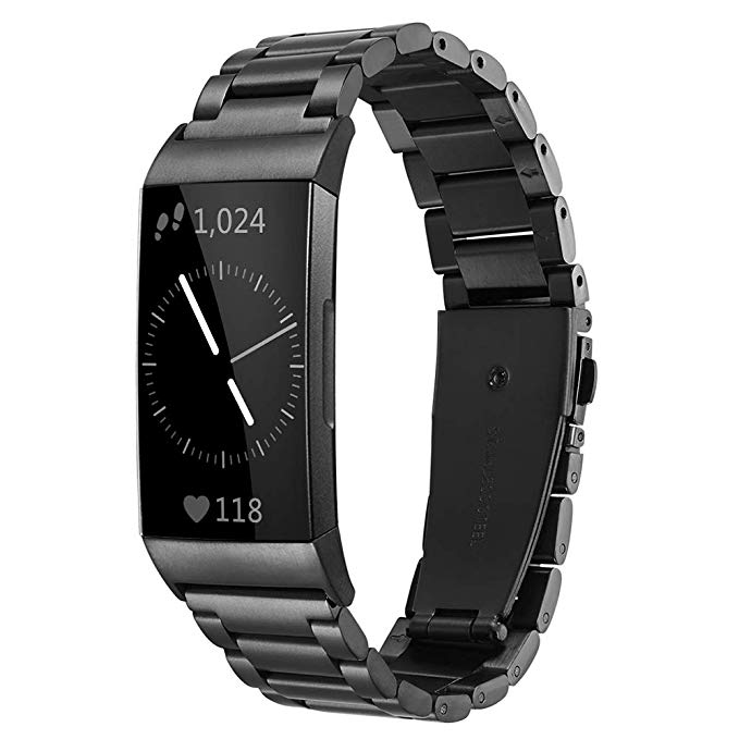 Shangpule Compatible for Fitbit Charge 3 & Charge3 SE Bands, Stainless Steel Metal Replacement Strap Bracelet Wrist Band Accessories for Charge 3 Smart Watch Women Man Large Small (Black)