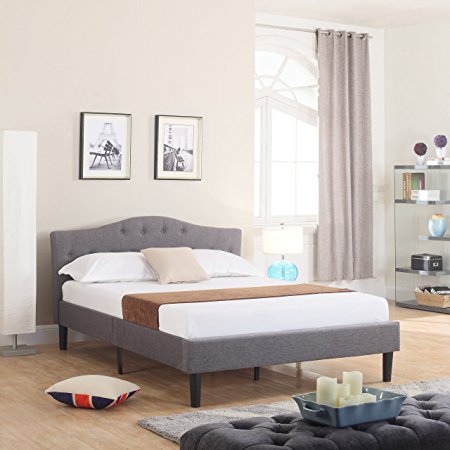 Classic Deluxe Linen Low Profile Platform Bed Frame with Curved Headboard Design and Button Details (Cal King, Grey)