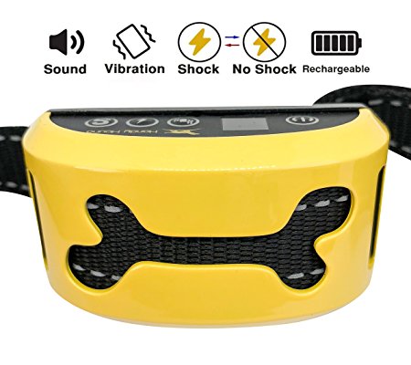 Bark Collar by Handy Hound [2018] Yellow Rechargeable Reflective Waterproof Electronic Dog Bark Collar Featuring Sound, Vibration And Optional No Harm Safe Static Shock for Small Medium And Large Dogs