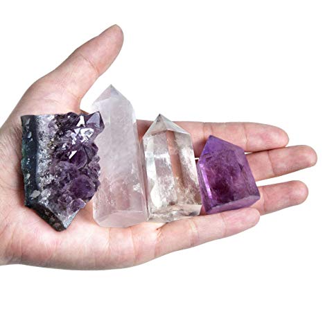 Healing Small Size Natural Crystal Wands | 1-2" Amethyst Crystal, Clear Quartz Crystal Wand & Rose Quartz Crystal Points&Deep Amethyst Cluster | 6 Faceted Reiki Chakra Meditation Therapy (Set of 4)