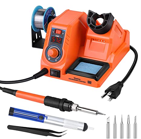 Vastar Soldering Iron Station Kit - 60W 392℉~896℉Adjustable Temperature C/F Switch, Auto-Sleep Anti-Static Fast Heating Up, 5 Soldering Iron Tips, Wire, Desoldering Pump