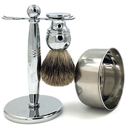 Genuine Badger Brush Deluxe Chrome Brush Handle   Stainless Steel Soap Bowl/Mug   Shaving Brush Stand Holder for Razor and Brush