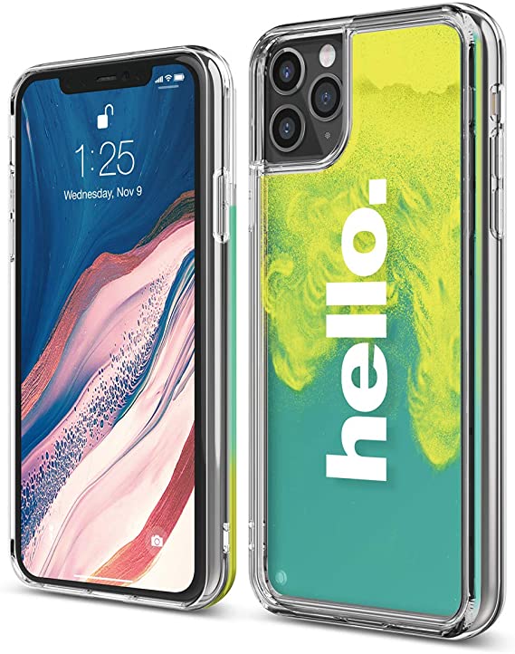 elago iPhone 11 Pro Max Case - Waterfall Effect, Liquid Neon Sand, Camera/Drop Protection, Fully Covered, Fit Tested, [Hello : Neon Yellow (Nightglow Green)   Coral Blue]