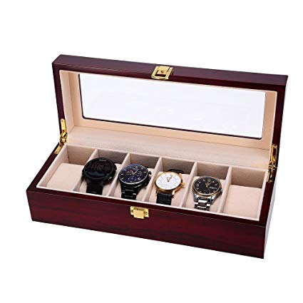 Kranich 6 Slot Watch Box Jewelry Display Case Wooden Watch Organizer with Glass Display