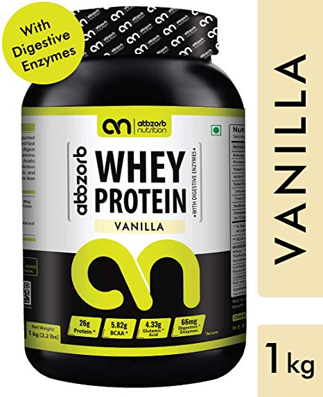 Abbzorb Nutrition Whey Protein Vanilla Flavour with Digestive Enzymes (1 Kg Jar)