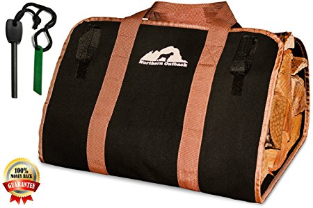 Northern Outback Firewood Log Carrier Canvas Wood Tote with FREE BONUS 8mm Magnesium Fire Starter! - Best for Fireplaces - Wood Stoves - Firewood - Logs - Camping - Beaches - Landscaping!
