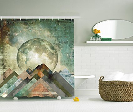 Ambesonne Vintage Shower Curtain Rustic Geometric Decorations by, Grunge Pastel Moonshine Moon Print Retro Paintings, Polyester Fabric Bathroom Shower Curtain Set with Hooks, Teal Beige Brown