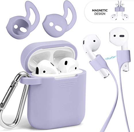 GMYLE AirPods Case Accessories Kit, Silicone Protective Shockproof Wireless Charging Airpod Earbuds Case Cover Skin with Keychain, Ear Hook, Magnetic Strap Set for Apple AirPod 1 & 2 – Lavender Purple