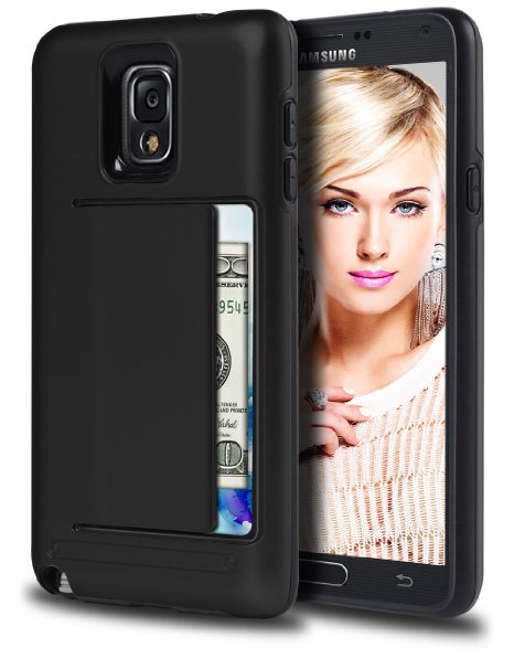 Galaxy Note 3 Case Coolden Heavy Duty PC Grip Tough Armor  TPU Soft Cover Hybrid Card Slot Drop Protection Impact Resistant with Money Clip Wallet Case for Samsung Galaxy Note 3 - Black