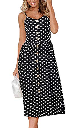 Angashion Women's Dresses-Summer Floral Bohemian Spaghetti Strap Button Down Swing Midi Dress with Pockets