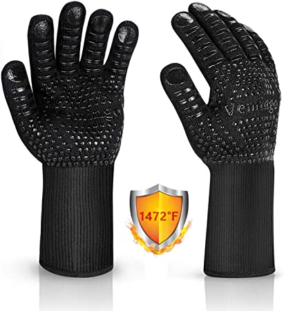Vemingo BBQ Gloves 1472°F Extreme Heat Resistant Ov Grill Gloves Heat Proof/Fireproof Gloves Oven Mitts Barbecue Gloves for Smoker/Grilling/Cooking/Baking 12.5CM Large, Black