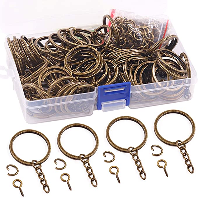 Rustark 300 Pcs 30mm Bronze Metal Split Keychain Ring Parts with Open Jump Ring Connector and Screws Eye Pins Key Chain Rings Kit for DIY Arts and Crafts Making Jewelry (30mm/Bronze)