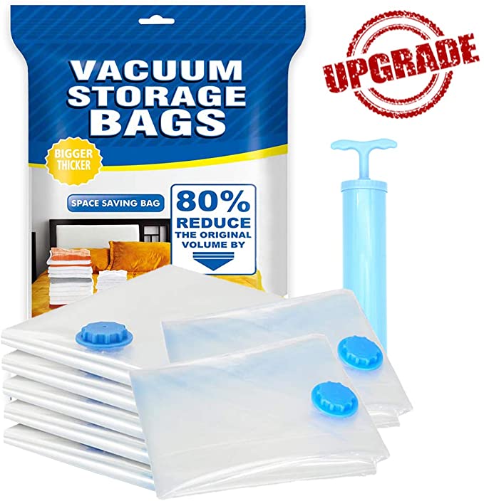 BZ Vacuum Bags. More Storage! Hand-Pump for Travel! Double-Zip Seal and Triple Seal Turbo-Valve for Max Space Saving! (Jumbo 7 Pack)
