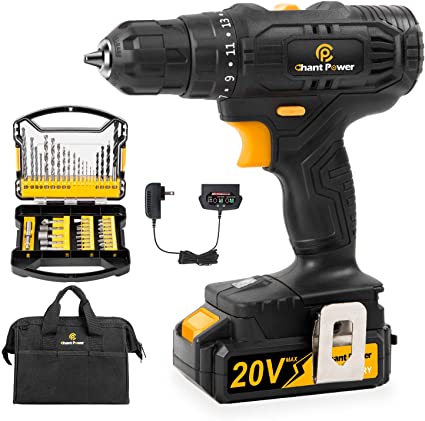 Cordless Drill, 20V Max Lithium-Ion Drill Driver Kit with 2 Variable Speed, 41pcs Accessories, 16 1 Torque Setting, Built-in LED for Drilling Wood, Soft Metal, Plastic, C P CHANTPOWER