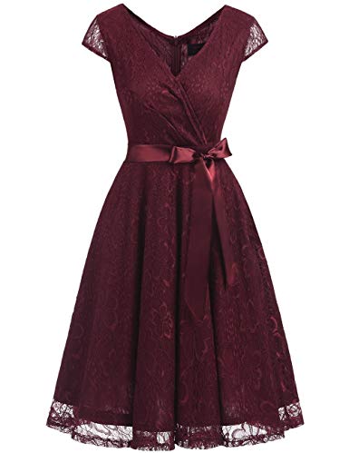 DRESSTELLS Women's Bridesmaid V Neck Ruched Dress Floral Lace Cocktail Dresses with Belt