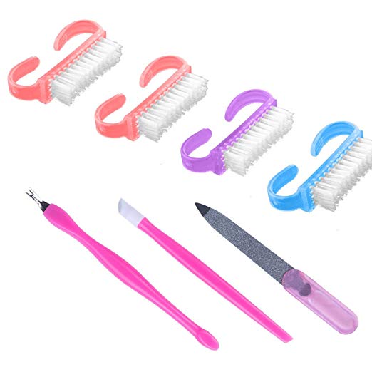 Nail Brush, Fingernail Brush 7 Pack Include 4 Nail Brush Cleaner, 1 Nail File, 1 Sticker Pen and 1 Cuticle Remover Fork, Nail Scrubber, Multicolor for fingernail, foot, nail, feet, toenail