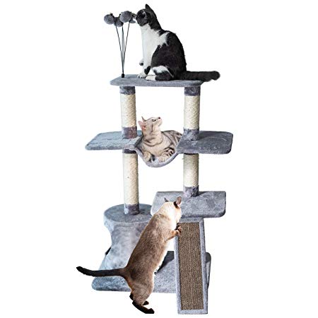 Catry Four-Level Cat Tree Condo Gray with Natural Sisal Scratching Posts, Teasing Toys, Scratching Pad