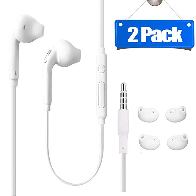 Headphones/Earphones/Earbuds, (2 Pack) ebasy 3.5mm Aux Wired in-Ear Headphones with Mic and Remote Control for Samsung Galaxy S9 S8 S7 S6 S5 Edge   Note 5 6 7 8 9 and More Android Devices(White)