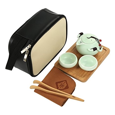 Chinese Traditional Ceramic Kung Fu Tea Set (7 PCS) with Bamboo Tea Tray