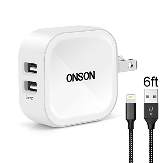 ONSON iPhone Charger,2.4A 12W Dual USB Wall Charger Portable Travel ,with Foldable Plug   6FT Apple Lightning Cable charging cord for iPhone 7/7Plus,6S/6S Plus,6/5S/SE/5/5C,iPad Air,Mini,Pro -White