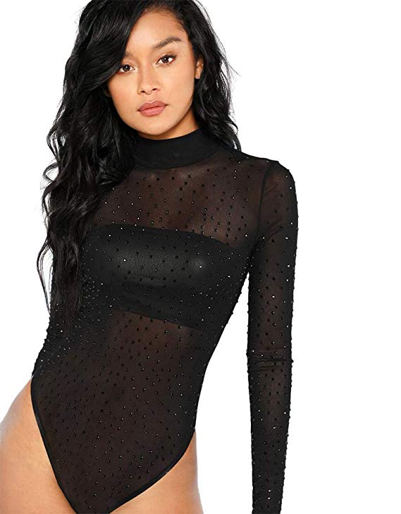 DIDK Women's Sheer Striped Mesh See Through Bodysuit