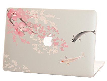 Macbook Pro Retina 13 inches Rubberized Hard Case for model A1502 & A1425, Koi Fish with Cherry Blossom Design with Clear Bottom Case, Come with Keyboard Cover