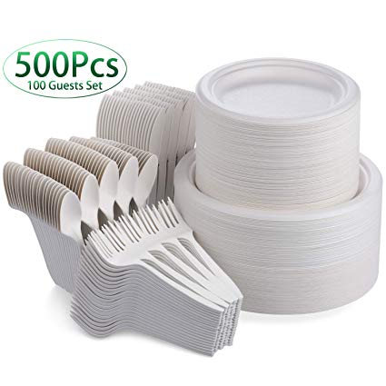 Fuyit 500Pcs Disposable Dinnerware Set for 100 Guests, Compostable Sugarcane Cutlery Eco-Friendly Tableware Includes Biodegradable Paper Plates, Forks, Knives and Spoons for Party, BBQ, Picnic (White)