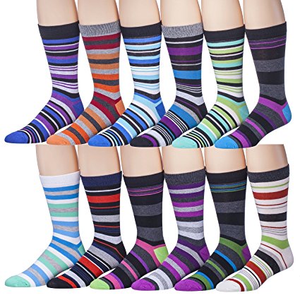 12 Pairs of excell Mens Striped Colorful Dress Socks, Cotton Blend, #2900