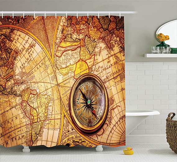 Ambesonne Antique Decor Shower Curtain Set, Compass On an Ancient World Map Historic Borders Century-Old Antiquity, Bathroom Accessories, 84 Inches Extralong