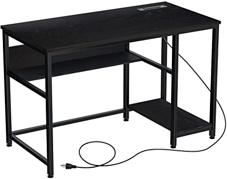 Rolanstar Computer Desk with Recessed Power Strip, 47" Office Desk with 2 Storage Shelves with Corner Protectors, Study Table, Workstation,Business Style, Stable Metal Frame, Black