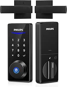 Philips Fingerprint Door Lock with 2 Lever Handles Set, Keyless Entry Door Lock with Handles, Electronic Door Lock Set with Code, Door Lock Set for Front Door,Auto Lock, Touchscreen Keypad with Key