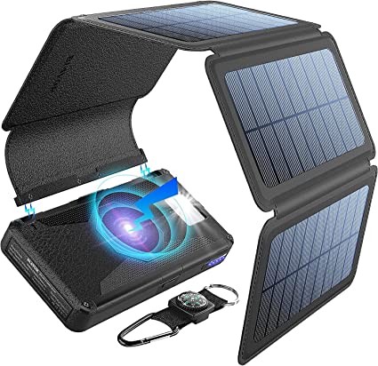 BLAVOR Solar Charger Five Panels Detachable, Qi Wireless Charger 20000mAh Portable Power Bank with Dual Output Type C Input Flashlight and Compass Kit (Black)
