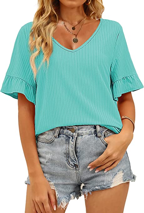 Sieanear Summer Tops for Women V Neck Ruffle Sleeve Ribbed Casual Blouse Shirts