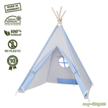 my-teepee play tent plastic free natural materials 10 years guarantee wooden frame cover 100 cotton Oekotex 100 height 49 ft 150 cm lockable window colour blue grey with white stars