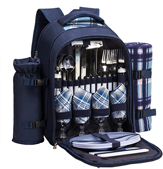 apollo walker Picnic Set Backpack for 4 with Cooler Compartment,Detachable Bottle/Wine Holder Including Large Picnic Blanket(45"x 53") for Picnic Family and Lovers Gifts,Outdoor,BBQ Time (Blue)
