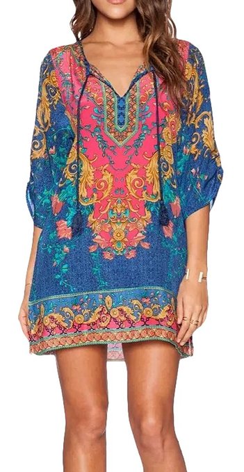 Women Bohemian Neck Tie Vintage Printed Ethnic Style Summer Shift Dress