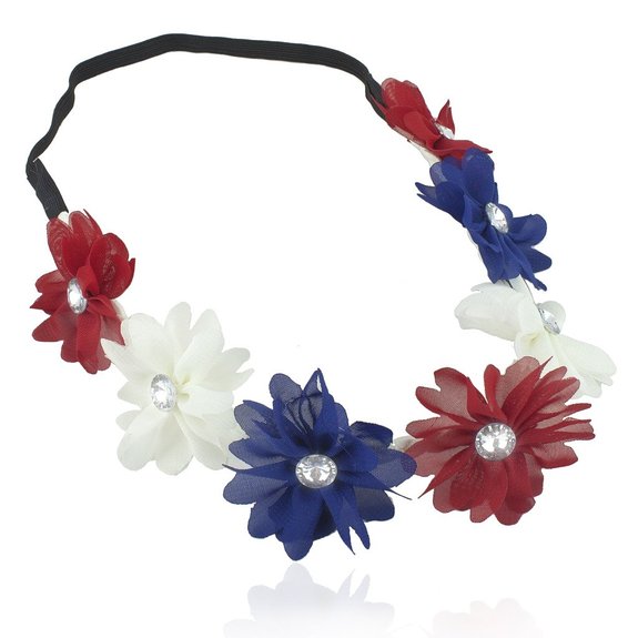 Lux Accessories Red White Blue American Flag Patriotic Floral Flower Crown Stretch Headband
