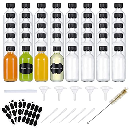 2oz Clear Glass Bottle with Poly Cone Cap, Boston Round Sample Glass Bottle for Potion, Juice, Ginger Shots, Oils, Whiskey, Liquids-48 Labels, 5 Funnels, 5 Droppers, 1 Brush & Chalk Marker-Pack of 40