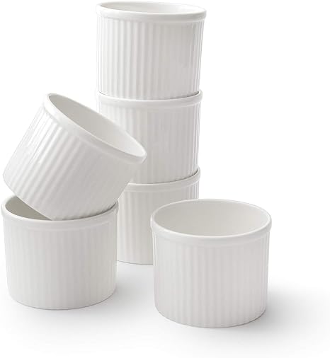 ZEN Pleats Porcelain Souffle Dishes, Ramekins 14oz Set of 6 (White)