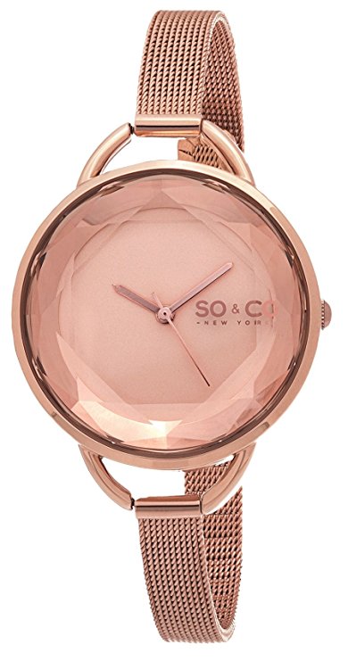 SO&CO New York Women's 5104.4 SoHo Quartz Rose Tone Dial with Faceted Glass and Stainless Steel 16K Rose Tone Mesh Bracelet Watch