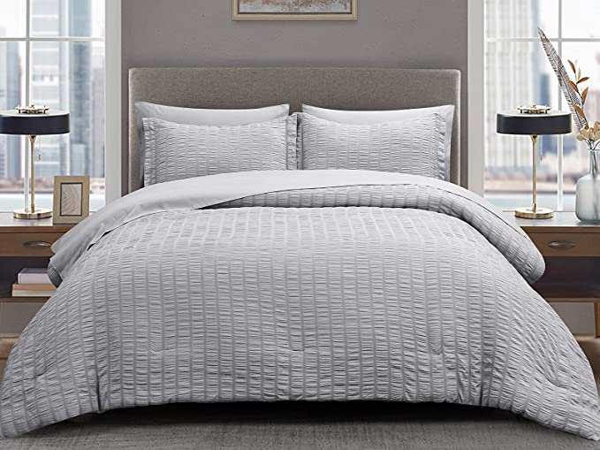 CozyLux King Seersucker Comforter Set with Sheets Light Grey Bed in a Bag 7-Pieces All Season Bedding Sets with Comforter, Pillow Sham, Flat Sheet, Fitted Sheet, Pillowcase