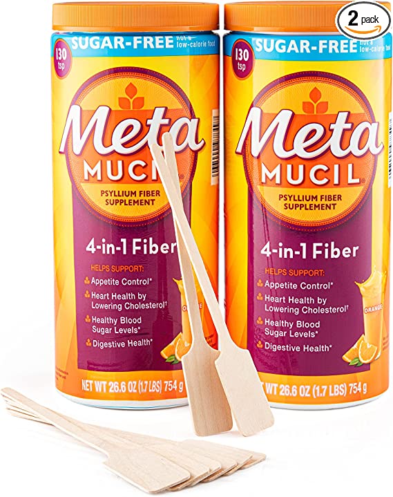 2 Metamucil Sugar-Free Fiber Supplement, 260 Servings, 4-in-1 Fiber Psyllium Husk Powder, Orange Smooth Sugar Free, 53.2 Ounces - 3.4 Pound- Bonus 10 Wooden Stirrers