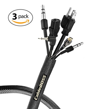 CableBoss Cable Management Sleeve Wrap - 3 pack - Adjustable 20" Black - Flexible Premium Polyester - Velcro Cord Organizer