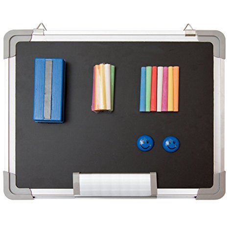 Chalkboard Set - Black Board 15 x 12 "   1 Magnetic Chalk Eraser, 14 Chalk Sticks (7 Colors) And 2 Magnets - Small Message Blackboard With Sturdy Frame For Home Office Class School (15x12" Landscape)