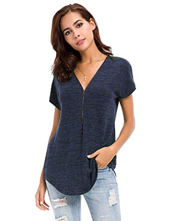 Women's Tops Sexy Deep V Neck Zip Up Short Sleeve T-Shirt Tunic Casual Loose Blouse