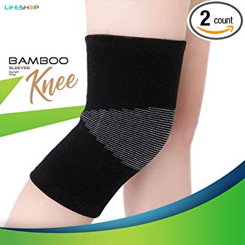 Unisex Physiotherapy Bamboo Knee Compression Sleeve Brace by LifeShop | Arthritis Relief, Improve Circulation Support for Running, Gym Workout, Recovery Sleeves Patella Stabilizer Pad - Black - 1 Pair