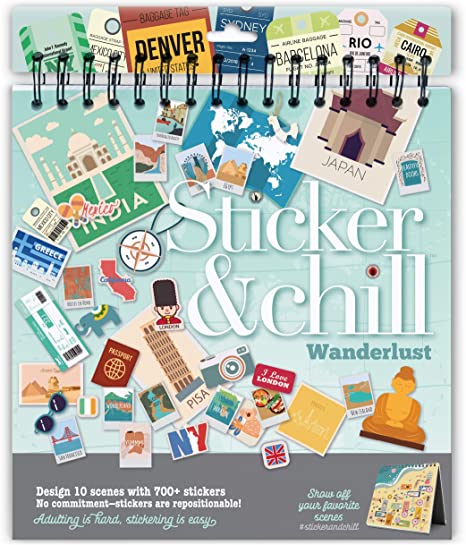 Sticker & Chill Sticker Book for Adults – 700  Repositionable Colorful Stickers Create Designs on 10 Spiral Bound Scene Pages – Easy, Fun & Stress Relieving Relaxation Activity – Wanderlust Series
