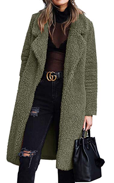 Angashion Women's Fuzzy Fleece Lapel Open Front Long Cardigan Coat Faux Fur Warm Winter Outwear Jackets with Pockets