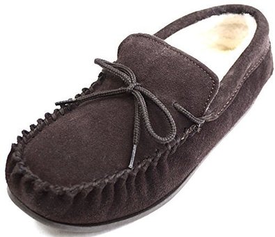 SNUGRUGS Wool Lined Suede Moccasin With Rubber Sole Mens Low-Top Slippers