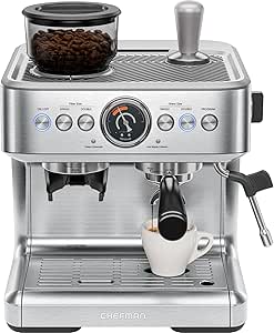 Chefman Crema Supreme 15 Bar Espresso Machine with Milk Frother, Barista Steam Wand, Professional Coffee Maker with Coffee Grinder, 30 Grind Settings, 3L Removable Water Tank - Stainless Steel